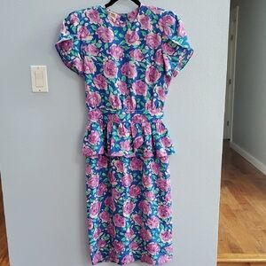 Maggy London By Jeannene Booher Blue and Purple Floral Midi Dress